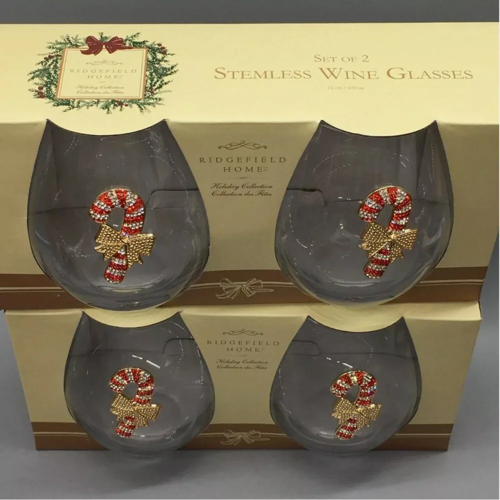 x4 Rhinestone Candy Cane Stemless Wine Glass Set Red Gold Bow Christmas Holidays